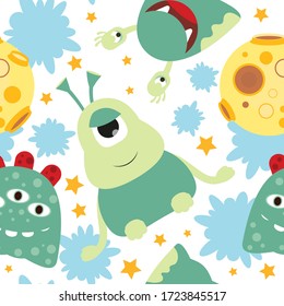 Funny Space Monsters Seamless pattern - Cartoon Cute Aliens and Planets. Vector Illustration. Print for Wallpaper, Baby Clothes, Wrapping Paper. Pattern don't contain gradients and clipping masks.