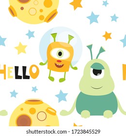 Funny Space Monsters Seamless pattern - Cartoon Cute Aliens and Planets. Space background. Vector Illustration. Print for Wallpaper, Baby Clothes, Greeting Card, Wrapping Paper. Text Hello.