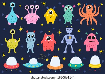 Funny space monsters set. Aliens and spaceships isolated elements collection. Great for stickers, invitations, fabric and more. Vector illustration