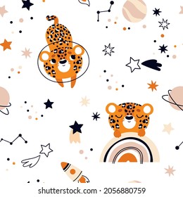 Funny space pattern with animals. Seamless children's background with leopard astronauts
