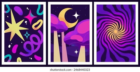 Divertidos afiches espaciales. Estilo psicodélico de dibujos animados. Paisaje brillante con espacio, estrellas, luna y nubes. Patrón de degradado.