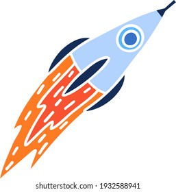 Funny space rocket, flat vector illustration drawing. Children book illustration design.  