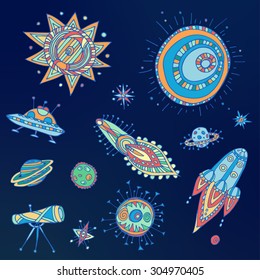 Funny space symbols set for kids wallpapers. Hand drawn colorful illustration on dark background