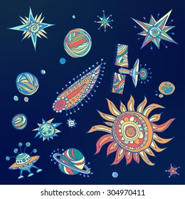 Funny space symbols set for kids wallpapers. Hand drawn colorful illustration on dark background