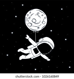 Funny spaceman fly with moon like a balloon.Adventure of astronaut.Abstract childish vector illustration