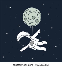 Funny spaceman fly with moon like a balloon.Adventure of astronaut.Abstract childish vector illustration