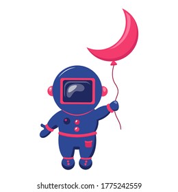 Funny spaceman fly with moon like a balloon. Funny cosmonaut. 