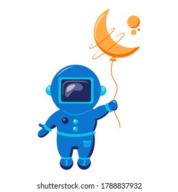 Funny spaceman fly with moon like a balloon. Funny cosmonaut. 