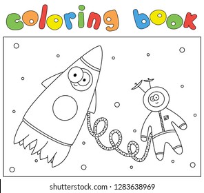 Funny spaceman and rocket. Coloring book for kids. Digital illustration