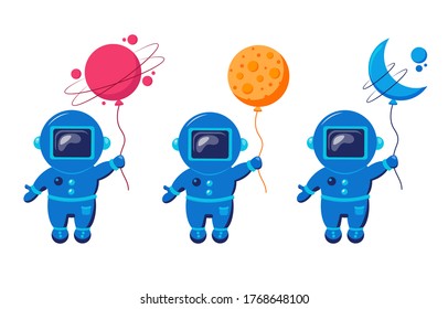 Funny spacemans fly with moon like a balloon. Adventure of astronauts.