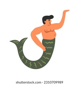 Funny Spanish, Mexican chubby merman, cute underwater waiter, server, showman, magician show up something with his hand up. Fairytale mythical creature, diversity concept. Vector illustration.