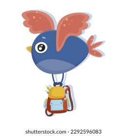 Funny sparrow bird with full backpack isolated on white background. Cute cartoon animal for study English at school. Happy zoo pupil character sticker for print. Colorful flat vector illustration