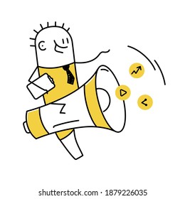 Funny speaker, stickman is sitting on a megaphone, social network promotion, push advertising. Vector illustration.