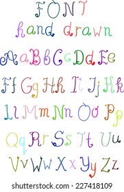 Funny Spectrum Alphabet. Vector real hand Alphabet, uppercase and lowercase letters, digits.