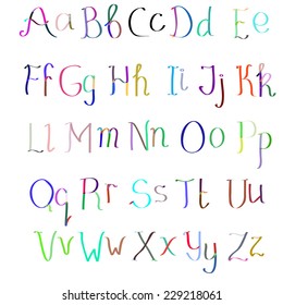 Funny Spectrum Alphabet. vector real hand Alphabet, uppercase and lowercase letters, digits. 