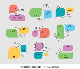 Funny speech bubbles illustration set. Diverse colorful text balloon characters. Team work or group conversation design. Negative and positive reactions. Vector graphic. Editable stroke.