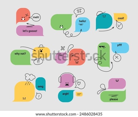 Funny speech bubbles illustration set. Diverse colorful text balloon characters. Team work or group conversation design. Negative and positive reactions. Vector graphic. Editable stroke.