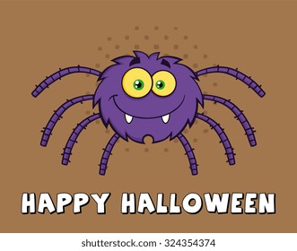 Funny Spider Cartoon Character. Vector Illustration With Background And Text