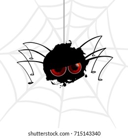 Funny spider Funny spider cartoon hanging on a string with cobwebs. Cartoon blot with legs. Vector illustration. Realistic eyes on black silhouette. Character concept sully white background.