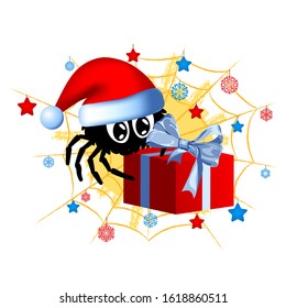 funny spider celebrating New Year on the background with web, stars, snowflakes and sun. vector illustration. cartoon character with gift. kids print. design element for sticker, book layout, t shirt
