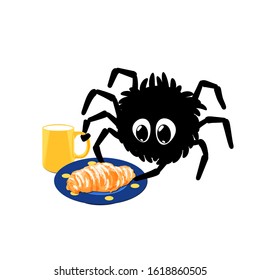 funny spider eating croissant and drinking a coffee from blue cup. vector illustration. cartoon character. kids print. design element for label, sticker, baby book layout, t shirt