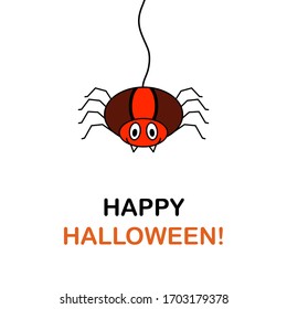 Funny spider hanging on cobweb. Cartoon red spider isolated on white background. Flat vector character. Happy Halloween illustration. For card, invitation.