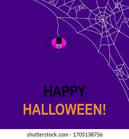 Funny spider hanging on cobweb. Cartoon pink spider and white web on purple background. Smiling arachnid get down from big net. Flat vector illustration. Happy Halloween text. For card, invitation.