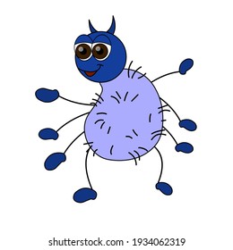 Funny spider isolated on white background. Cartoon character in blue. Insect in flat design with black outline. Vector illustration.