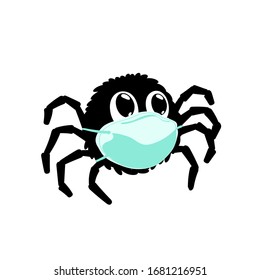 funny spider in a medical mask. vector illustration. cartoon character afraid of corona virus pandemic. quarantine to stop covid 19. kids print. design element for label, sticker, book layout, t shirt