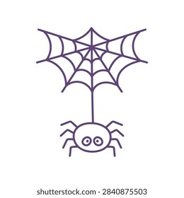 Funny spider spinning web. Festive decorative element for Halloween. Line art illustration of spider with web.
