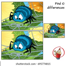 Funny spider trying to unravel its web. Find 10 differences. Educational game for children. Cartoon vector illustration