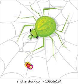 Funny spider which listens music in earpiecess. A background is a spider web.