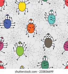 Funny spiders seamless pattern. Colorful kids background.