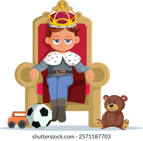 
Funny Spoiled Child Ruling as King Vector Cartoon. Selfish bratty only child acting out like a tyrant ruler 
