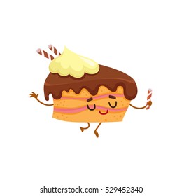 Funny sponge cake character with chocolate cream topping, cartoon style vector illustration isolated on white background. Cute smiley piece of birthday cake character with eyes and legs