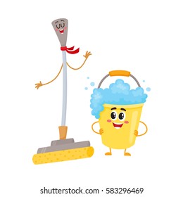 Funny sponge mop and soap foam bucket characters with smiling human faces, cartoon vector illustration isolated on white background. Sponge mop and soap foam bucket characters, floor washing