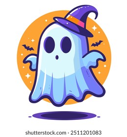 Funny spooky boo character. Halloween ghost floating. Spook phantom. Cute happy spirit in witch hat. Happy halloween party greeting card with cute ghost. Halloween phantom design vector illustration