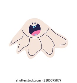 Funny spooky ghost. Trick or treat. Joyful Halloween cartoon character. Colored flat vector illustartion isolated on white background