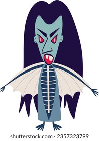 Funny spooky vampire with a creepy face. Bright vibrant Halloween Character in doodle style
