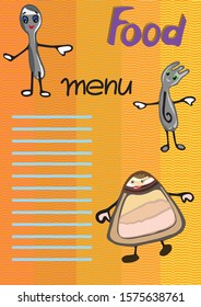 Funny spoon, fork, salt shaker. For the design of children's menus in restaurants and eateries