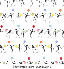 Funny sport pattern. Sport game seamless vector illustration with players and colorful balls