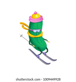 Funny sportive cucumber skiing, vegetable character doing sport cartoon vector Illustration