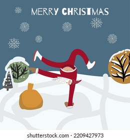 Funny sports character Santa dancing brake dance, hand jump. New Year. Christmas, winter, gifts concept, winter sale.