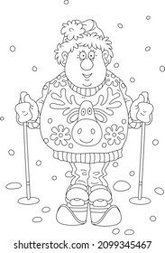 Funny sportsman skier in a Santa hat and a Christmas sweater with his skis and poles at a winter training in a park, black and white outline vector cartoon illustration for a coloring book page