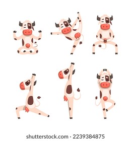 Funny Spotted Cow Character Doing Yoga Standing in Asana Vector Set