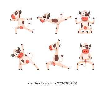 Caracter de vaca curioso haciendo yoga en posición de vectores de Asana