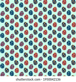 Funny spotted dino eggs seamless pattern vector. Colorful cartoon hand drawn reptile eggs simple dot pattern on light green. Vibrant textured eggs by green, blue, yellow, purple colors. One of a serie