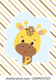 Funny spotted giraffe face on striped background. Vector flat style illustration for birthday invitation, cards and stickers.