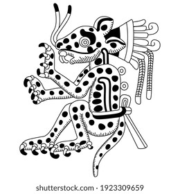 Funny spotted jaguar. Native American art of Aztec Indians. Black and white silhouette.