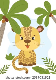 Funny spotted leopard. Vector flat style illustration for birthday invitation, cards and stickers.